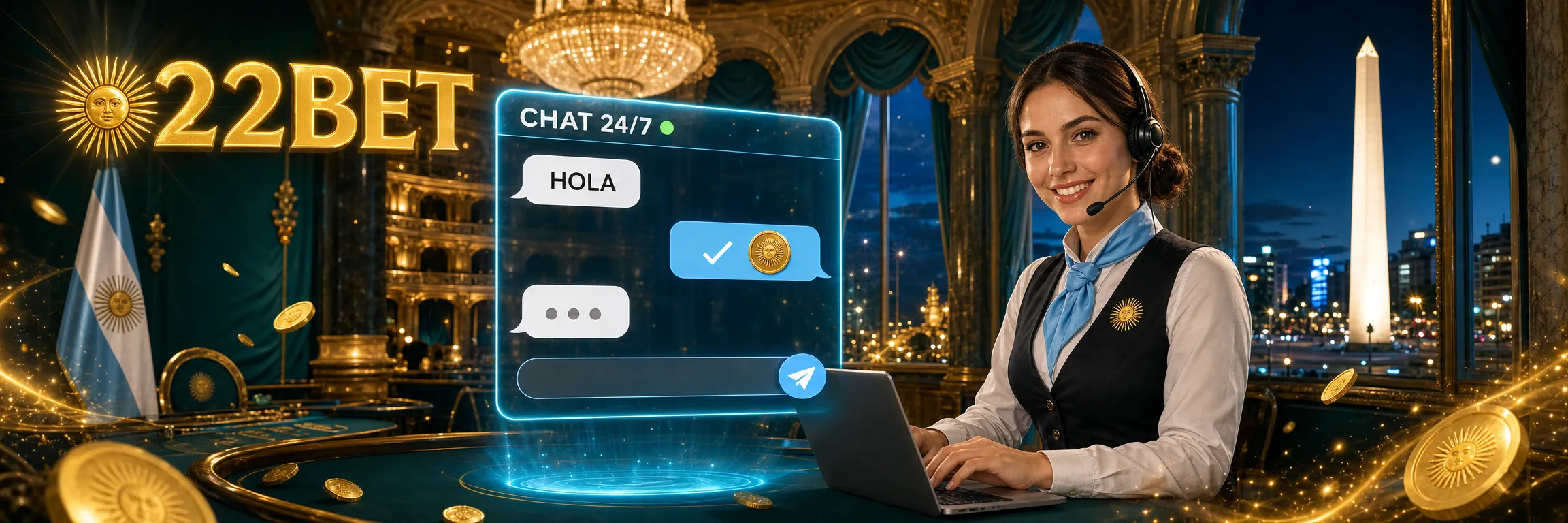 Agente de soporte de 22Bet con auriculares frente a la ventana de chat en vivo