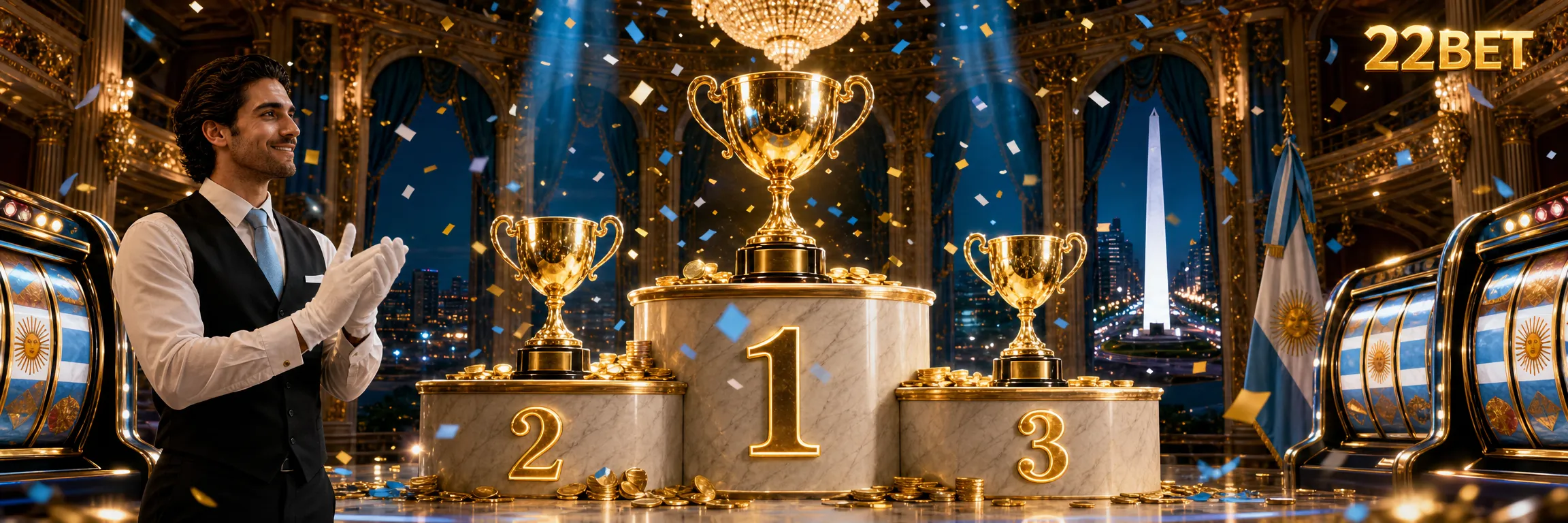 Podio de un torneo de slots de 22Bet con los puestos 1, 2 y 3 en oro