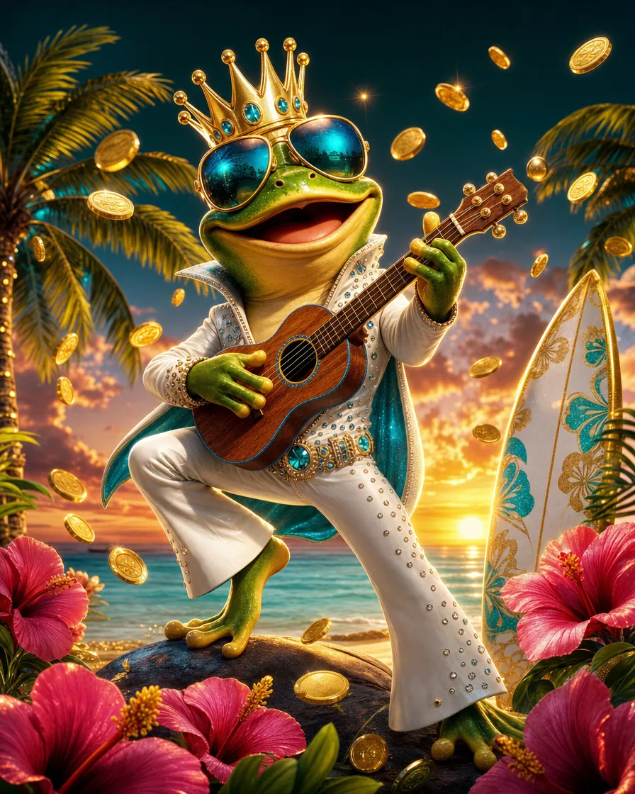 Portada del slot Aloha King Elvis con playa y ukelele