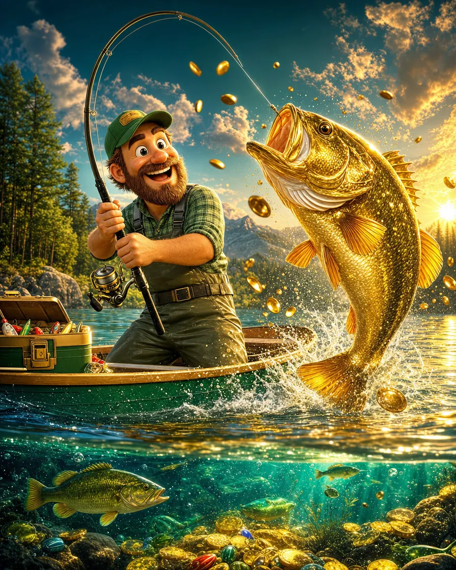 Portada del slot Big Bass Bonanza con el pescador y el pez dorado