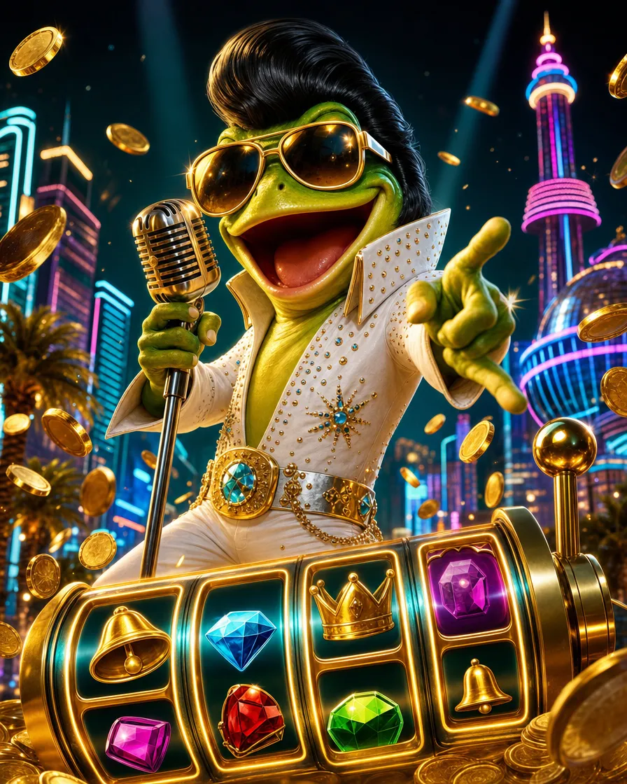 Portada del slot Elvis Frog in Vegas con la rana cantante en Las Vegas