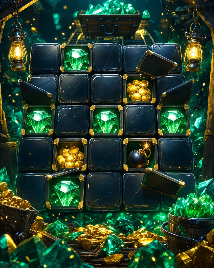Portada del juego Mines con el tablero de casillas y gemas ocultas